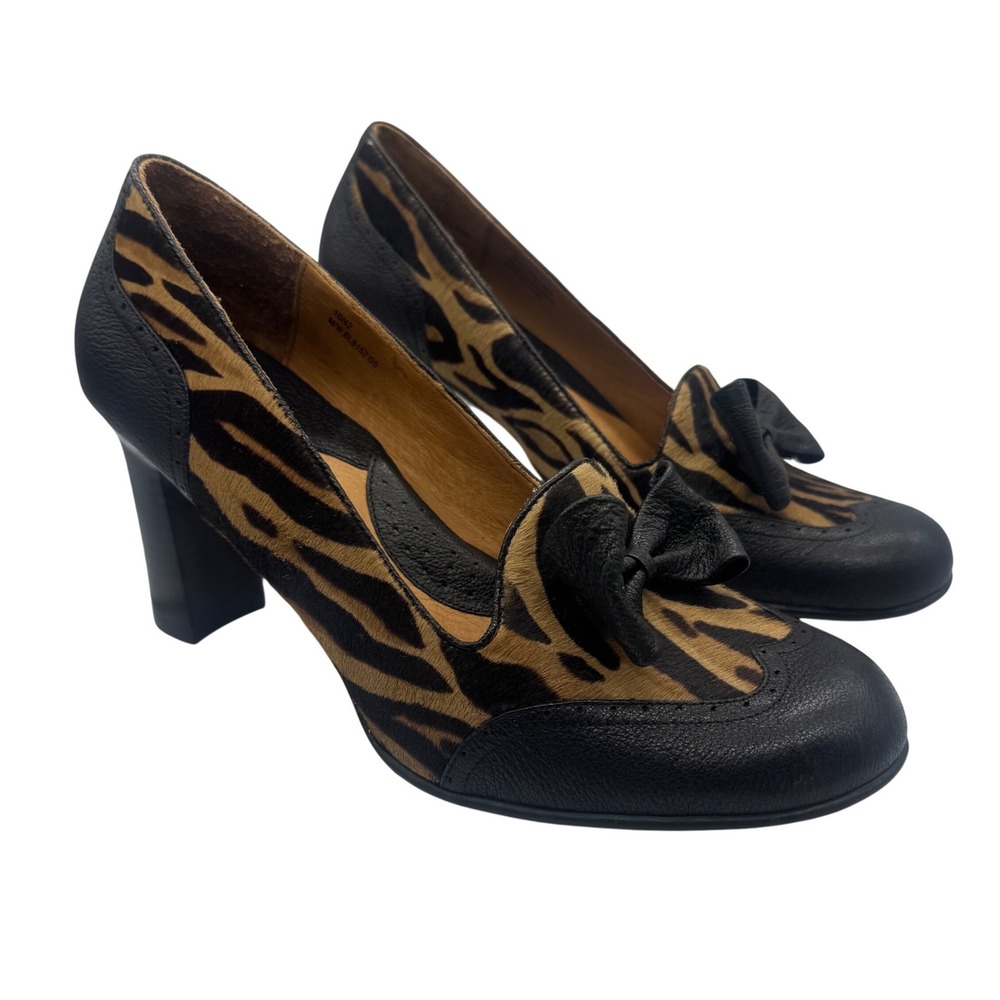 Bolo Cheetah Print Pony Hair Block Heels Black Leather Bow Pumps Women 10 NEW